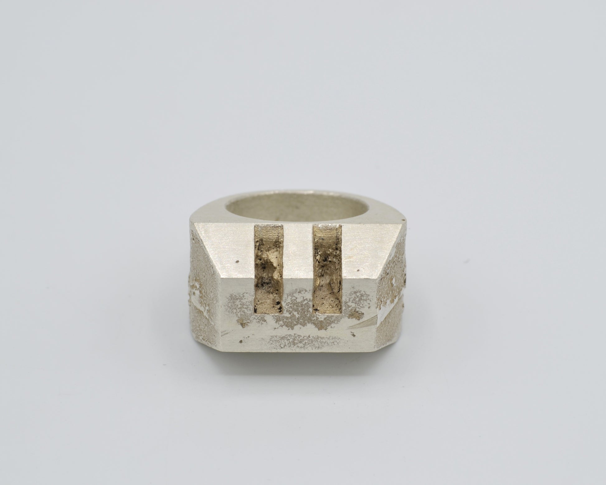 Monumental statement ring handmade from solid sterling silver. avant-garde aesthetics and brutalist design.